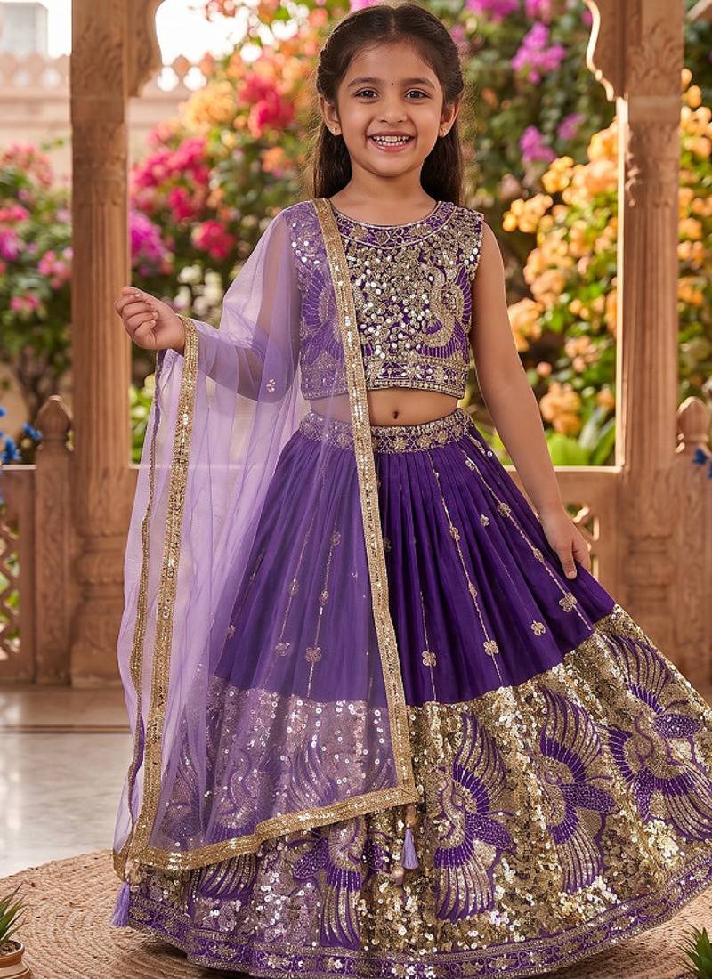 Purple silk blend sequence embroidered work & digital print kids wedding lehenga choli