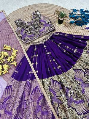 Purple silk blend sequence embroidered work & digital print kids wedding lehenga choli 2