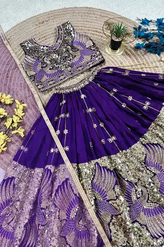 Purple silk blend sequence embroidered work & digital print kids wedding lehenga choli