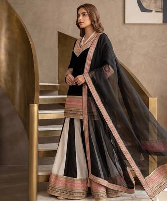 Elegant black sharara suit with heavy embroidered border dupatta 2