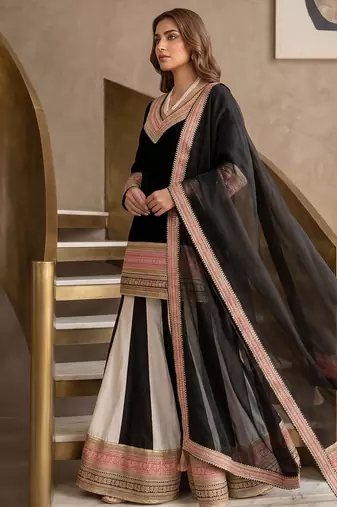 Elegant black sharara suit with heavy embroidered border dupatta