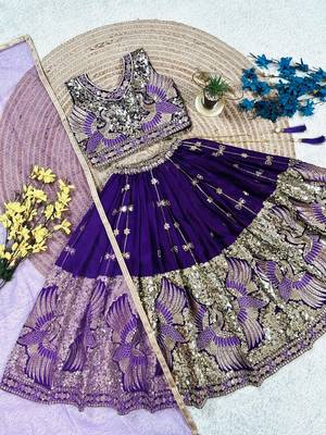 Purple silk blend sequence embroidered work & digital print kids wedding lehenga choli 3