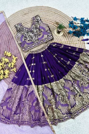 Purple silk blend sequence embroidered work & digital print kids wedding lehenga choli