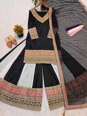 Elegant black sharara suit with heavy embroidered border dupatta 3