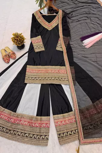 Elegant black sharara suit with heavy embroidered border dupatta