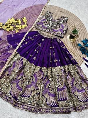 Purple silk blend sequence embroidered work & digital print kids wedding lehenga choli 4