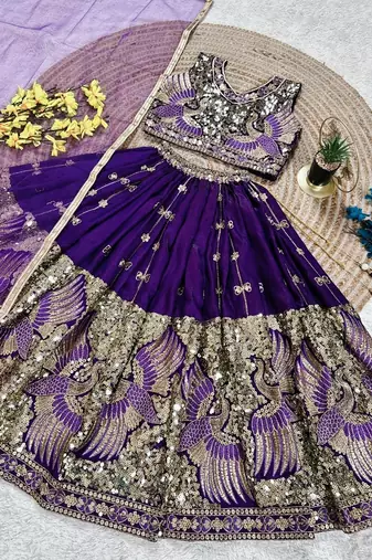 Purple silk blend sequence embroidered work & digital print kids wedding lehenga choli