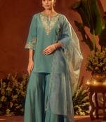 Sea green chanderi silk heavy thread embroidery work kurta palazzo set