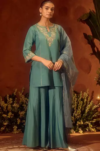 Sea green chanderi silk heavy thread embroidery work kurta palazzo set