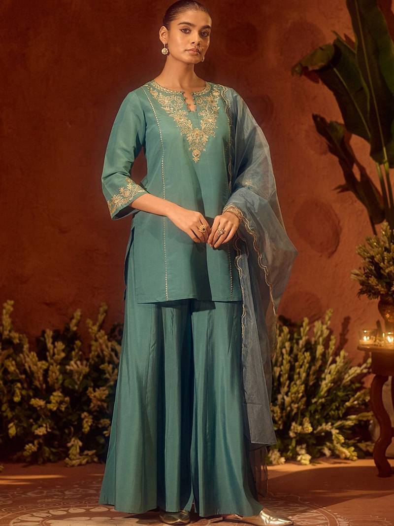 Sea green chanderi silk heavy thread embroidery work kurta palazzo set