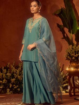 Sea green chanderi silk heavy thread embroidery work kurta palazzo set 3