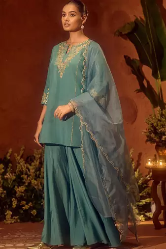 Sea green chanderi silk heavy thread embroidery work kurta palazzo set