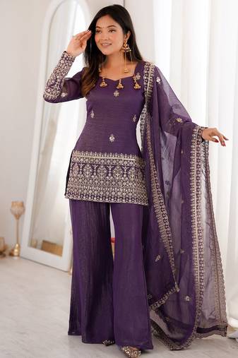 Purple crunchy silk heavy thread embroidery work kurta palazzo set