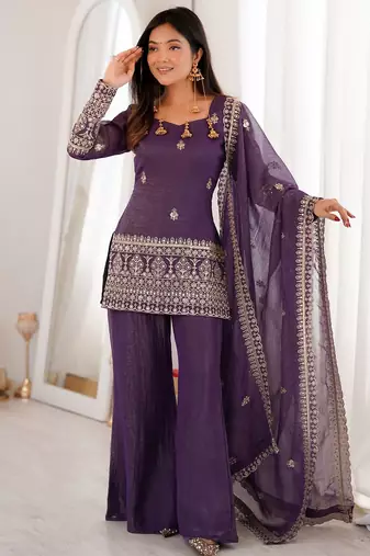 Purple crunchy silk heavy thread embroidery work kurta palazzo set