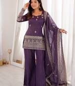 Purple crunchy silk heavy thread embroidery work kurta palazzo set
