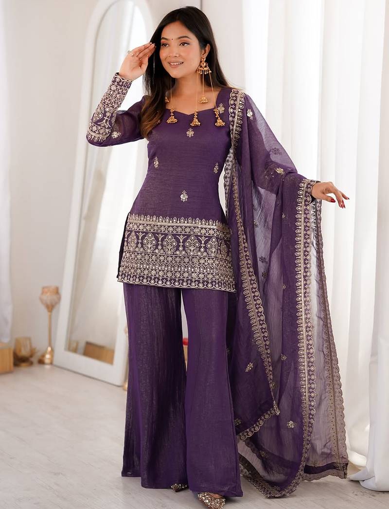 Purple crunchy silk heavy thread embroidery work kurta palazzo set