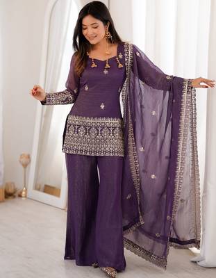 Purple crunchy silk heavy thread embroidery work kurta palazzo set 2