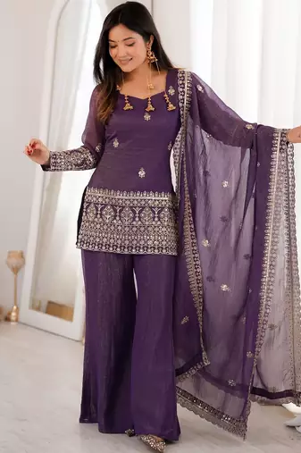 Purple crunchy silk heavy thread embroidery work kurta palazzo set