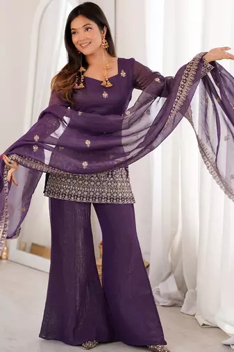 Purple crunchy silk heavy thread embroidery work kurta palazzo set