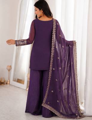 Purple crunchy silk heavy thread embroidery work kurta palazzo set 4