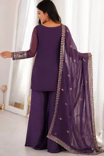 Purple crunchy silk heavy thread embroidery work kurta palazzo set