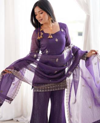 Purple crunchy silk heavy thread embroidery work kurta palazzo set 5