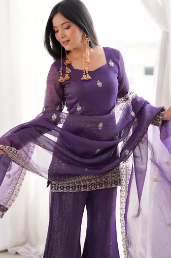 Purple crunchy silk heavy thread embroidery work kurta palazzo set