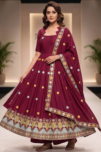Elegant maroon flared anarkali dress with heavy border dupatta
