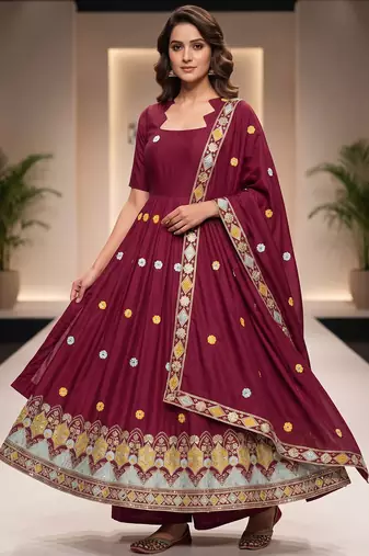 Elegant maroon flared anarkali dress with heavy border dupatta