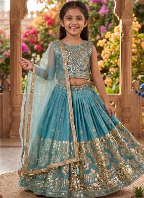 Firozi silk blend sequence embroidered work & digital print kids wedding lehenga choli 1