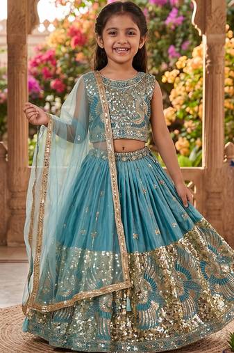 Firozi silk blend sequence embroidered work & digital print kids wedding lehenga choli
