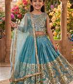 Firozi silk blend sequence embroidered work & digital print kids wedding lehenga choli