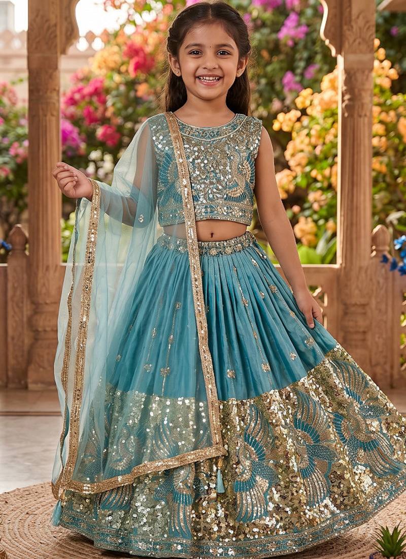 Firozi silk blend sequence embroidered work & digital print kids wedding lehenga choli