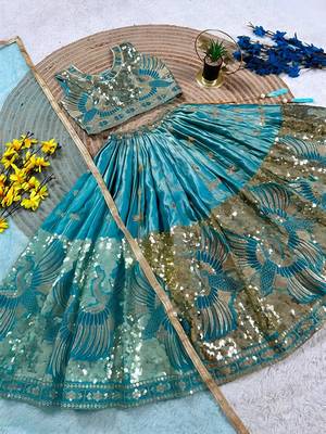 Firozi silk blend sequence embroidered work & digital print kids wedding lehenga choli 2