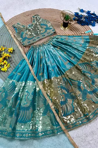 Firozi silk blend sequence embroidered work & digital print kids wedding lehenga choli
