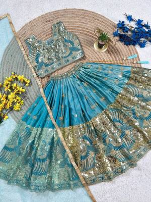 Firozi silk blend sequence embroidered work & digital print kids wedding lehenga choli 3