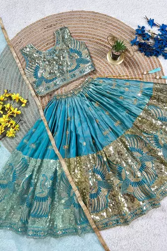 Firozi silk blend sequence embroidered work & digital print kids wedding lehenga choli