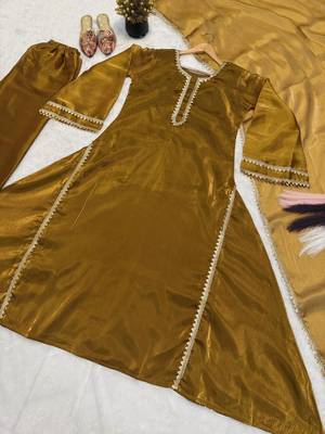 Royal mustard gold silk gown set with dupatta 4