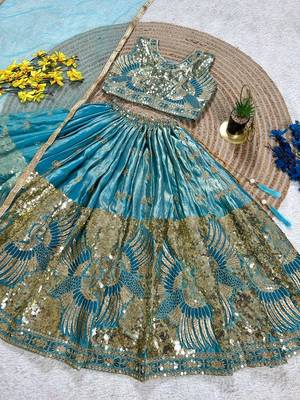 Firozi silk blend sequence embroidered work & digital print kids wedding lehenga choli 4