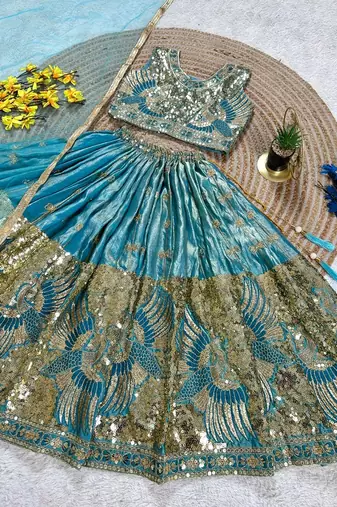Firozi silk blend sequence embroidered work & digital print kids wedding lehenga choli