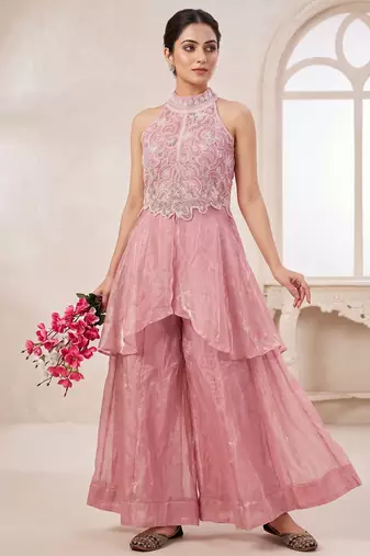 Elegant pink sequins embroidered peplum kurti with palazzo set