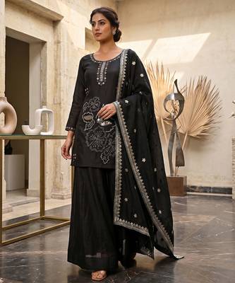 Black embroidered sharara suit set for women 1