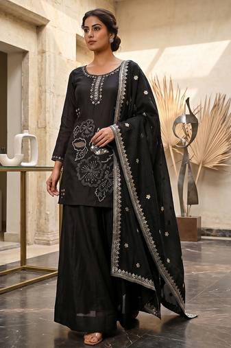 Black embroidered sharara suit set for women