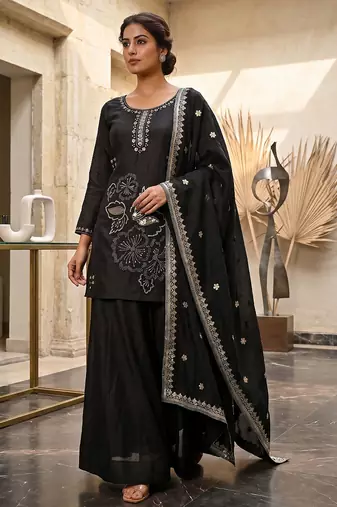 Black embroidered sharara suit set for women