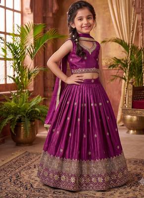 Magenta chinon silk sequence embroidered & zari booti work lehenga choli for kids 1