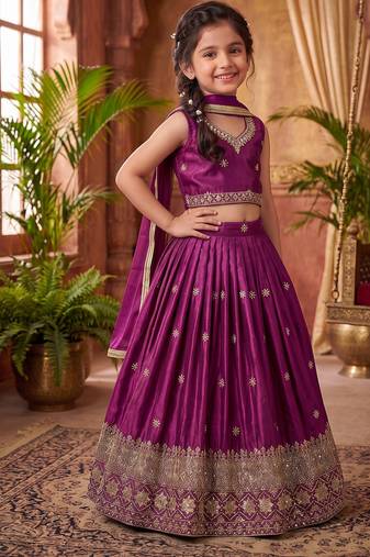 Magenta chinon silk sequence embroidered & zari booti work lehenga choli for kids