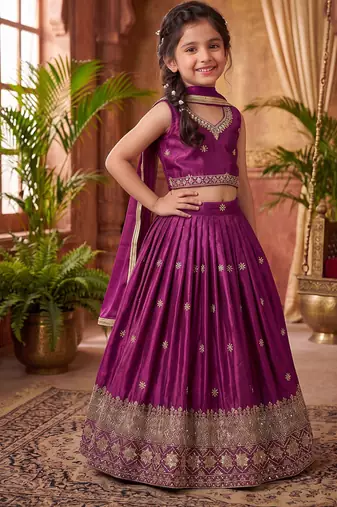 Magenta chinon silk sequence embroidered & zari booti work lehenga choli for kids