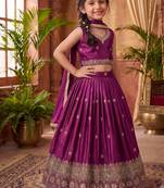 Magenta chinon silk sequence embroidered & zari booti work lehenga choli for kids