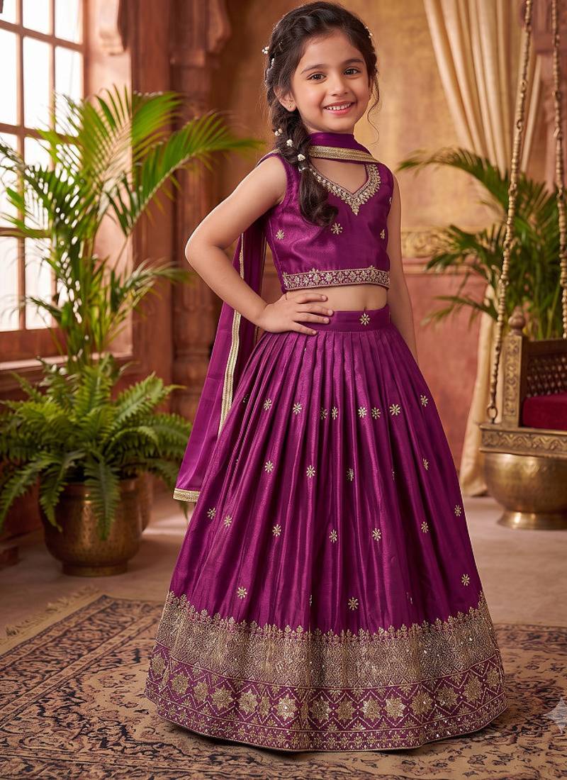 Magenta chinon silk sequence embroidered & zari booti work lehenga choli for kids