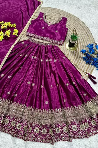 Magenta chinon silk sequence embroidered & zari booti work lehenga choli for kids